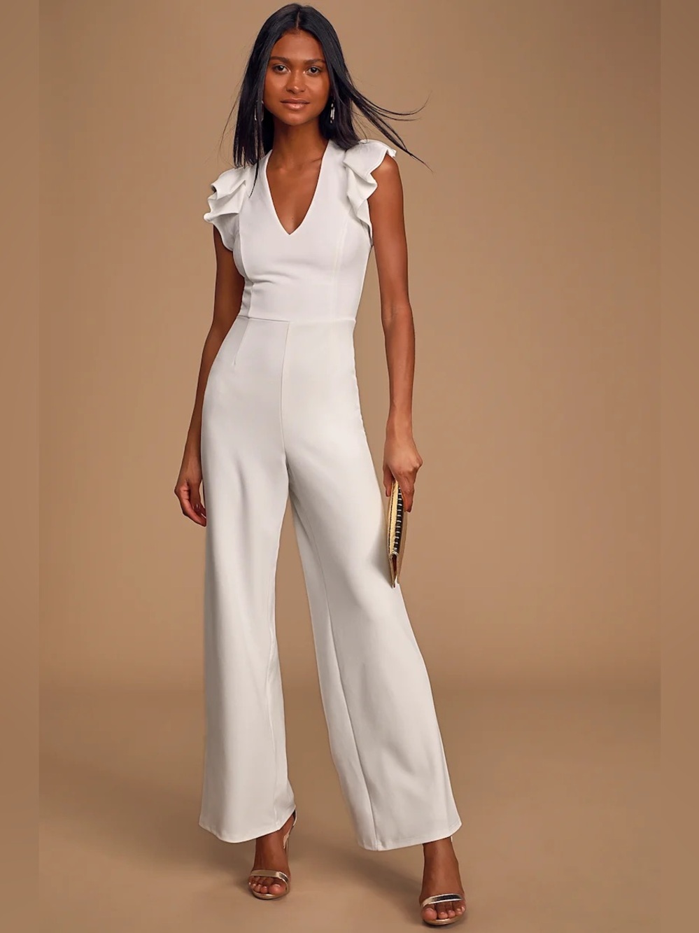 Lulu's Power Play White Ruffled Backless Wide-Leg Jumpsuit White Small